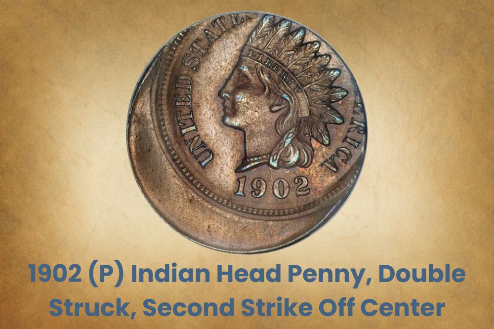 1902 (P) Indian Head Penny, Double Struck, Second Strike Off Center