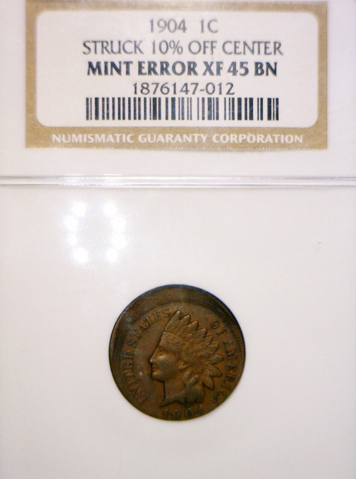 1904 Indian Head Penny Struck 10% Off-Centre