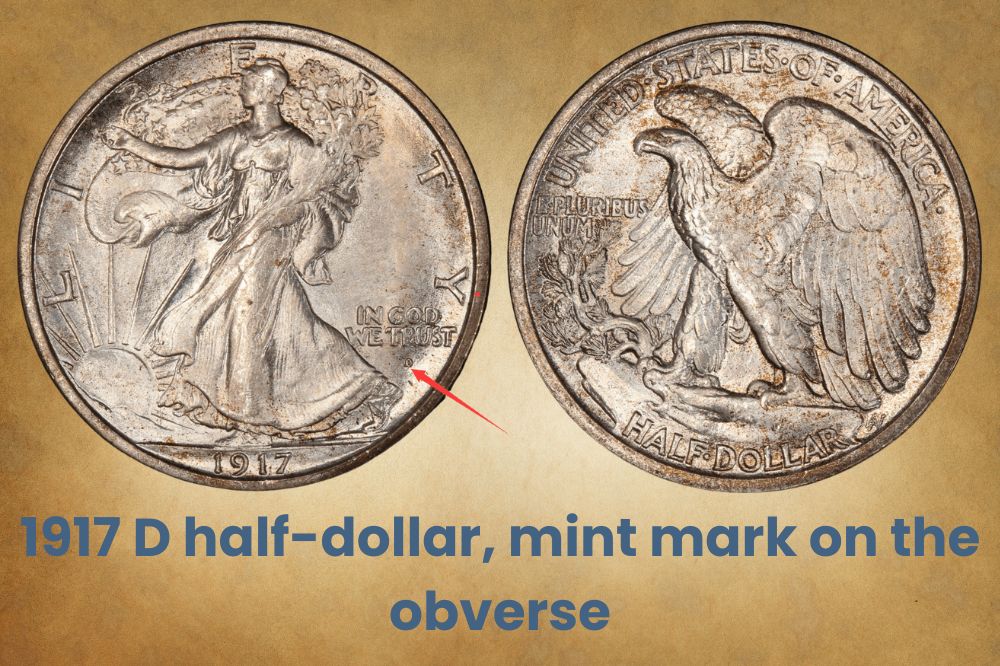 1917 D half-dollar, mint mark on the obverse