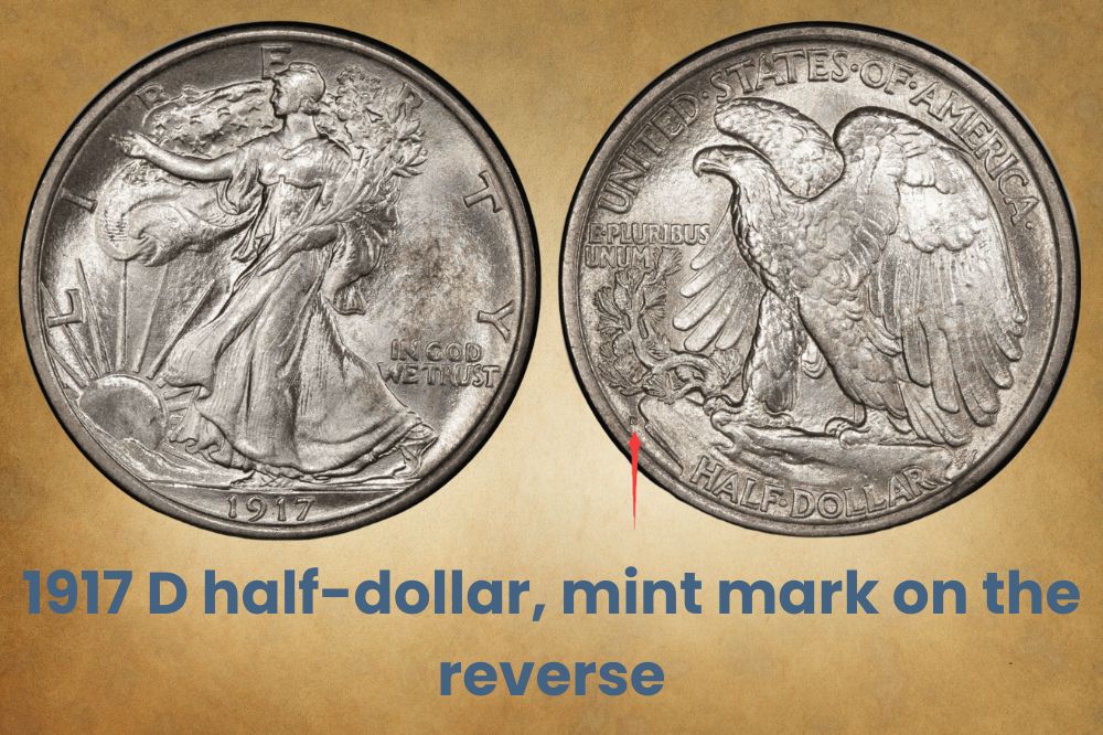 1917 D half-dollar, mint mark on the reverse