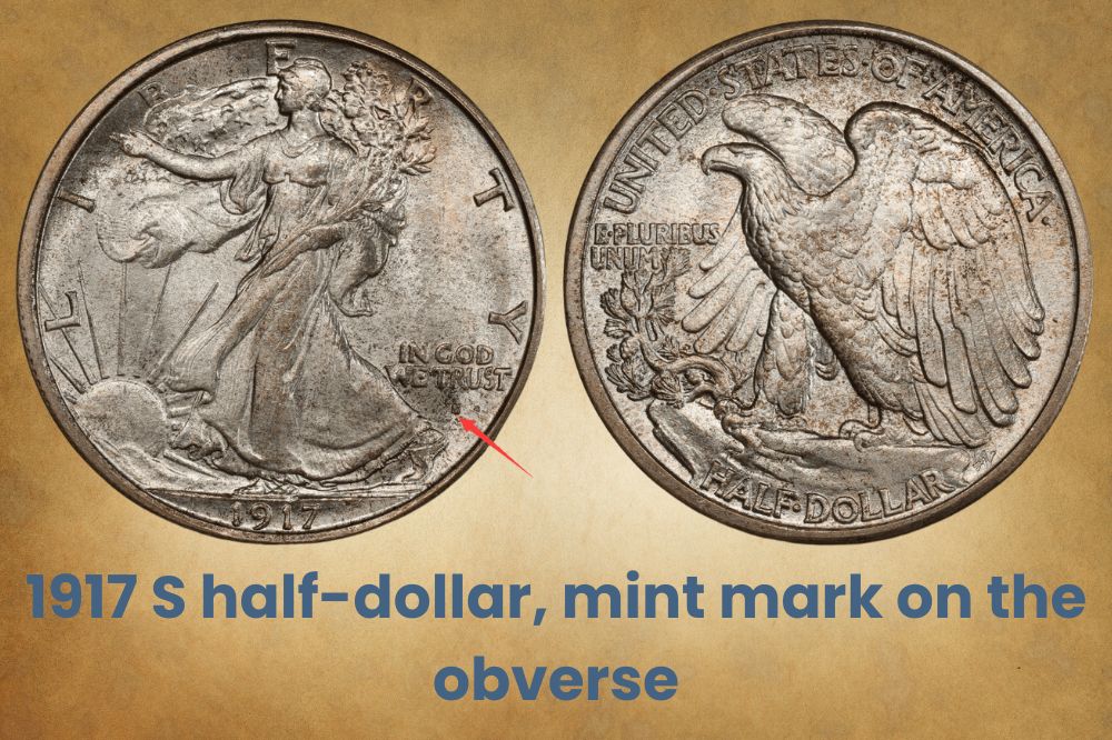 1917 S half-dollar, mint mark on the obverse
