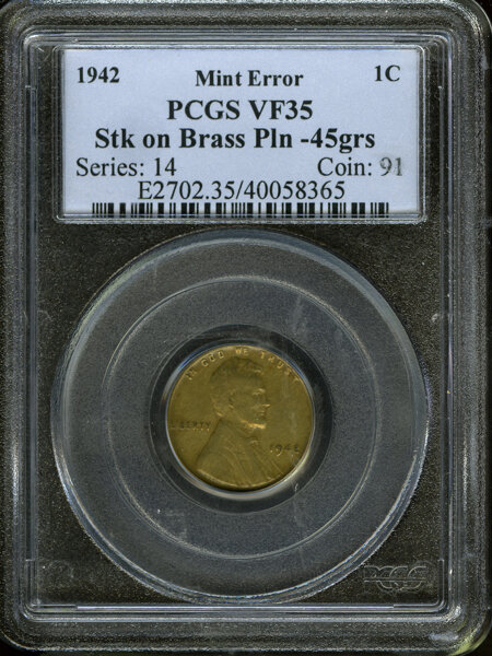 1942 Wheat Penny Struck on a Brass Planchet