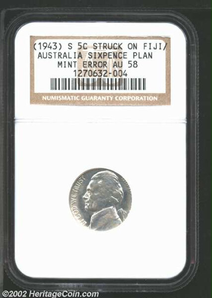 1943 Nickel Struck on an Australian Six-Pence Planchet