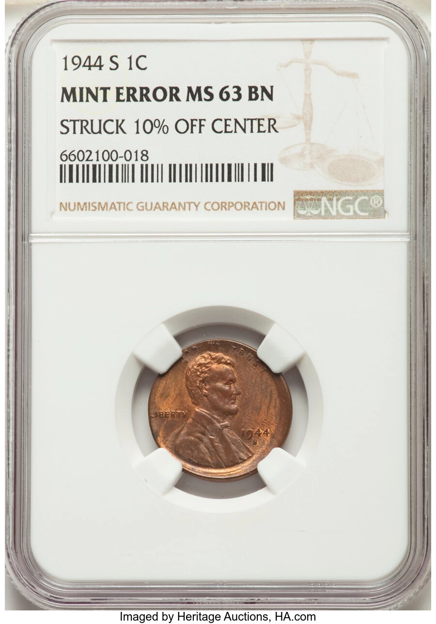 1944-S Wheat Penny D/S Double Strike 10% Off-Centre