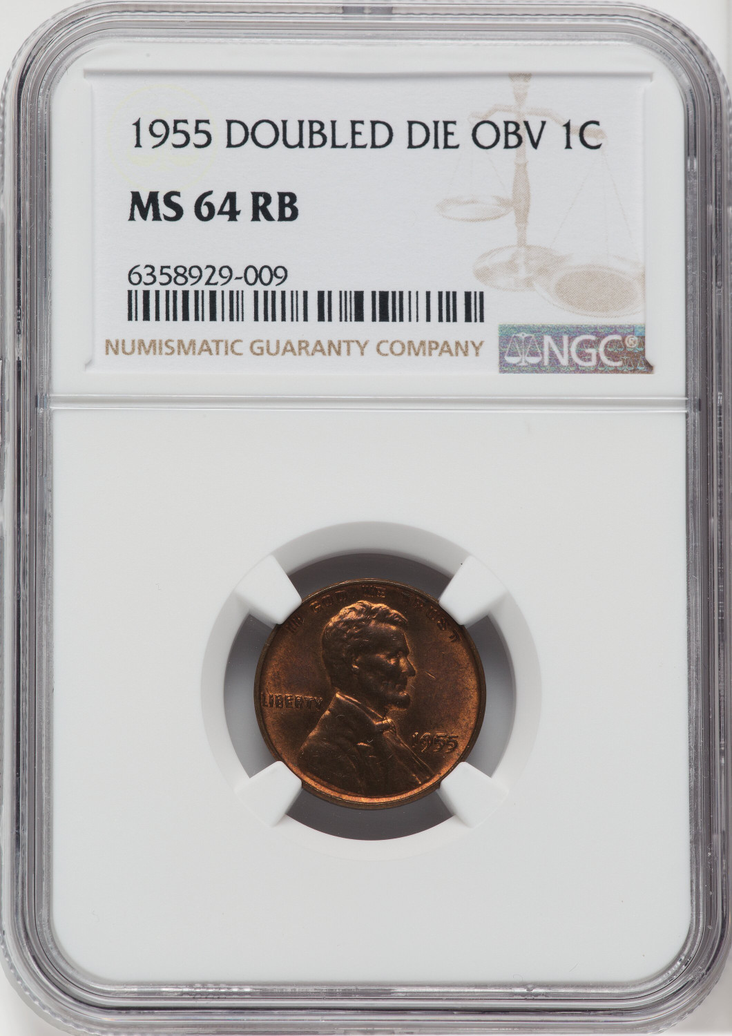 1955 Double Die Lincoln Cent MS 64 RB NGC