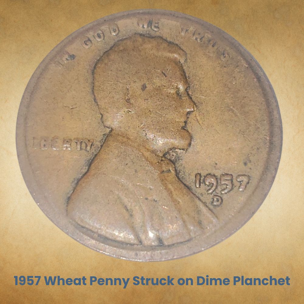1957 Wheat Penny Struck on Dime Planchet