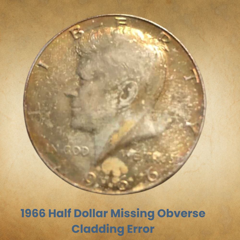 1966 Half Dollar Missing Obverse Cladding Error