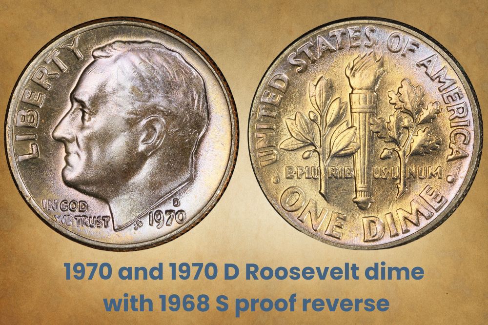 1970 and 1970 D Roosevelt dime with 1968 S proof reverse