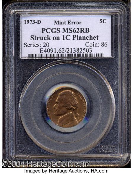 1973 Jefferson Nickel struck on a cent planchet