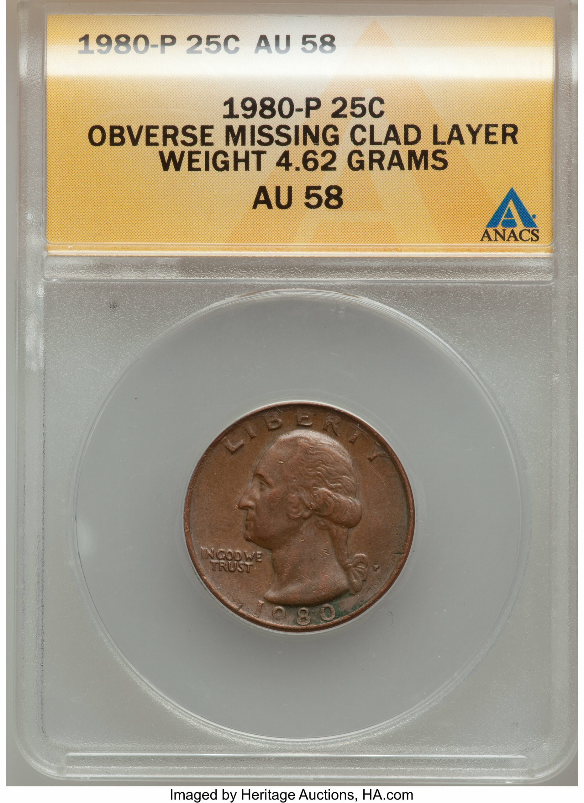 1980 Washington Quarter Missing clad layer on the obverse
