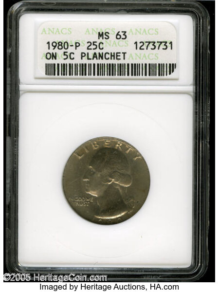 1980 Washington Quarter struck on a five-cent planchet