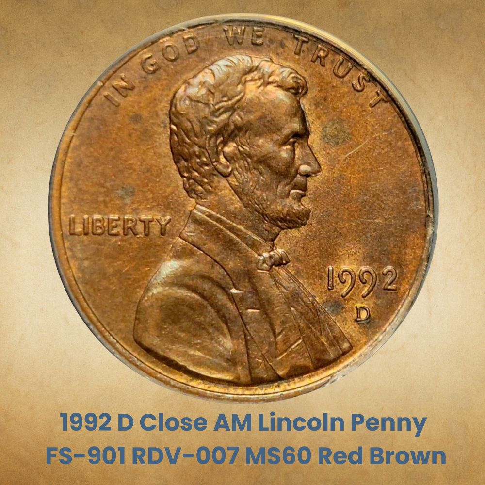 1992 D Close AM Lincoln Penny FS-901 RDV-007 MS60 Red Brown