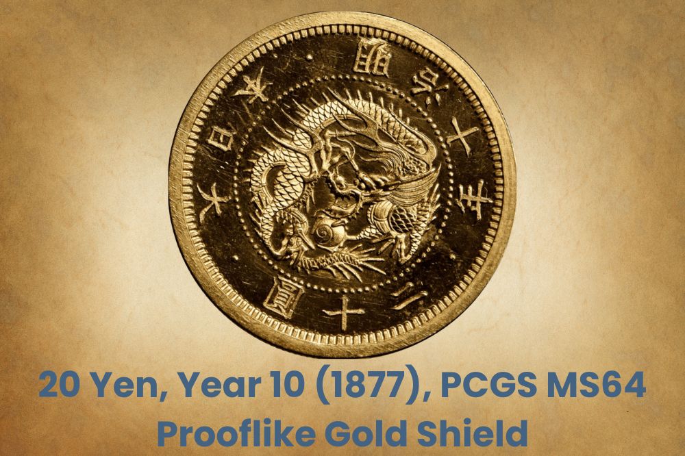 20 yenes, año 10 (1877), escudo de oro a prueba de PCGS MS64