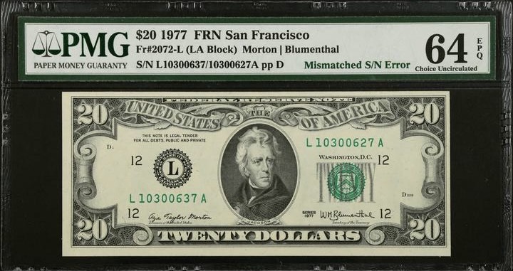 Fr. 2072-L 1977 $20 Bill Mismatched Serial Numbers