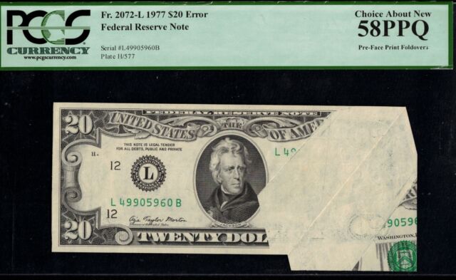 Fr. 2072-L 1977 $20 Bill Pre-Face Foldover Error