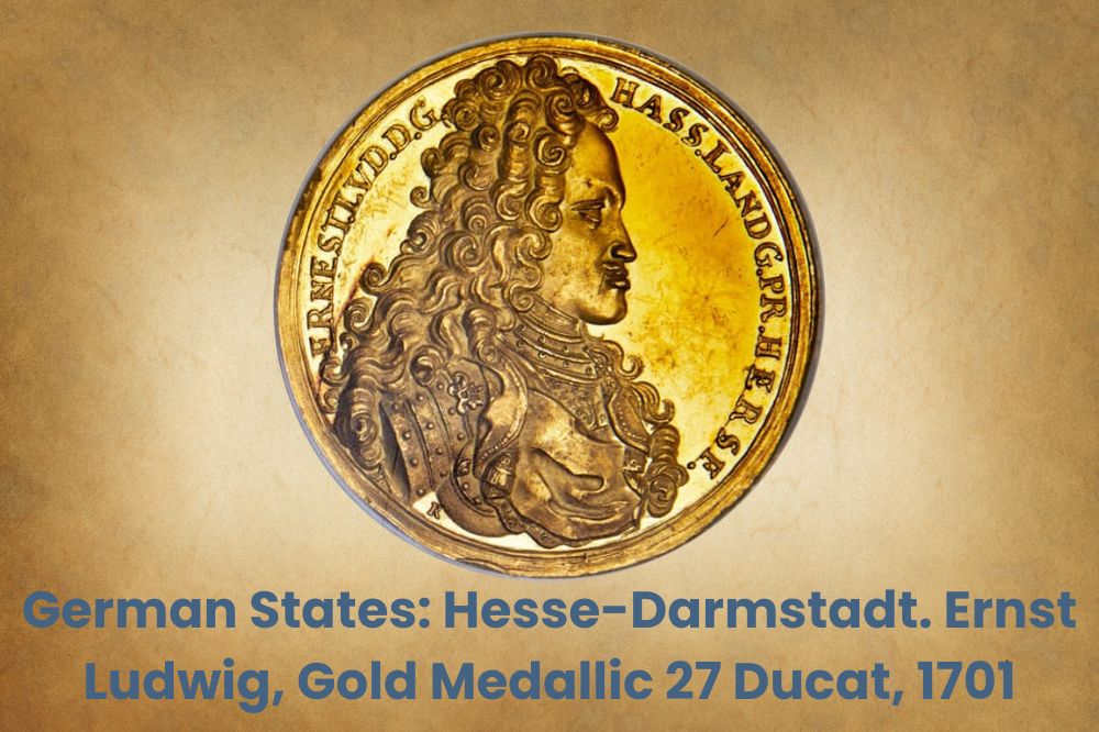 German States: Hesse-Darmstadt. Ernst Ludwig, Gold Medallic 27 Ducat, 1701
