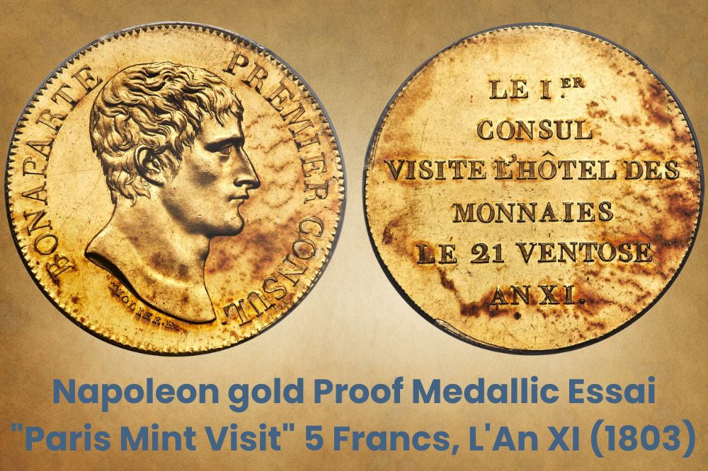 Napoleon gold Proof Medallic Essai "Paris Mint Visit" 5 Francs, L'An XI (1803)