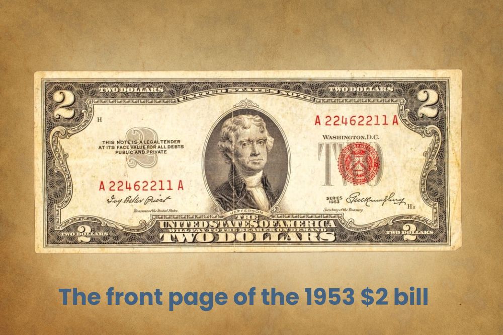 The front page of the 1953 $2 bill
