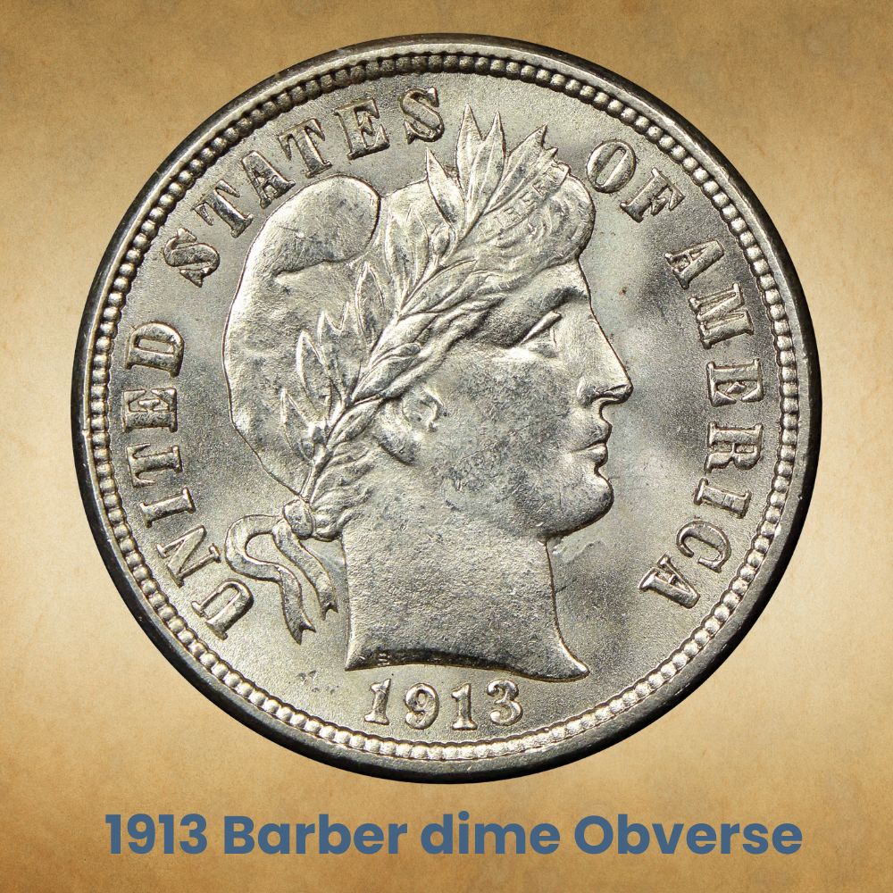 The obverse of the 1913 Barber dime