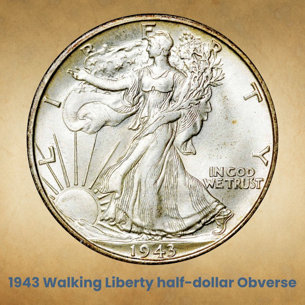 The obverse of the 1943 Walking Liberty half-dollar