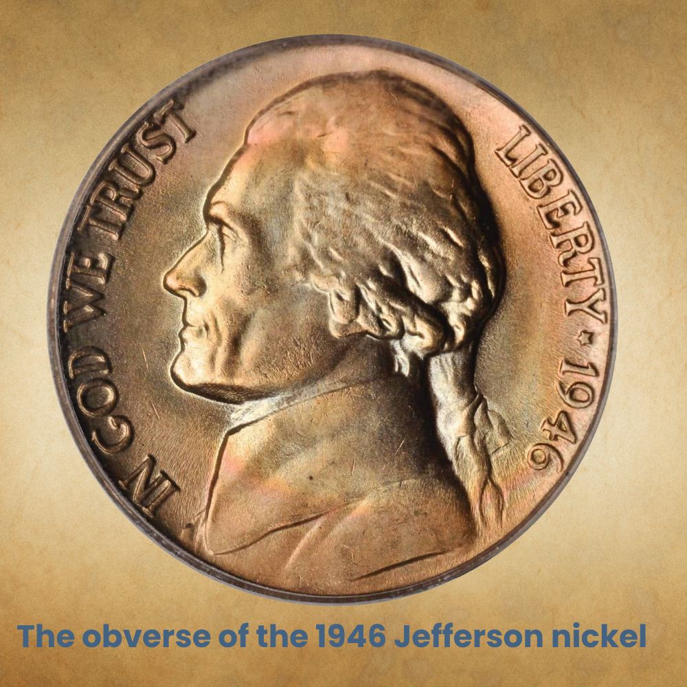 The obverse of the 1946 Jefferson nickel