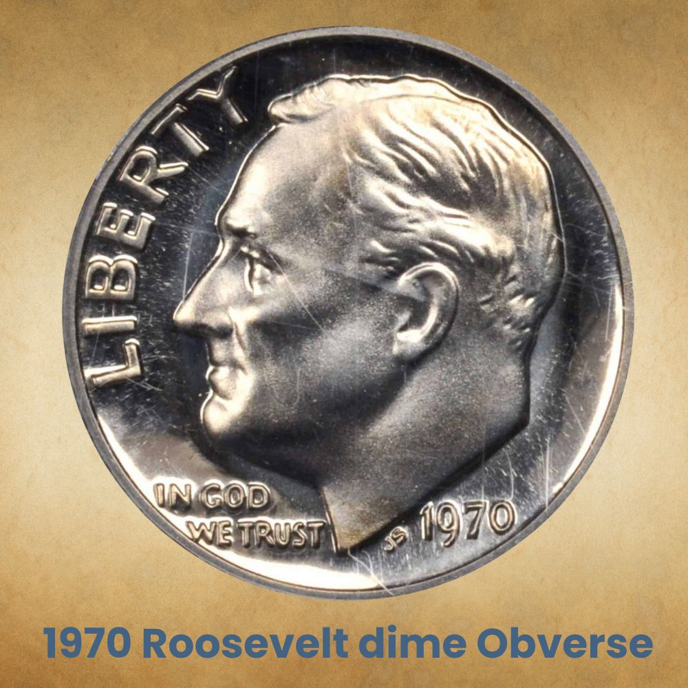 The obverse of the 1970 Roosevelt dime