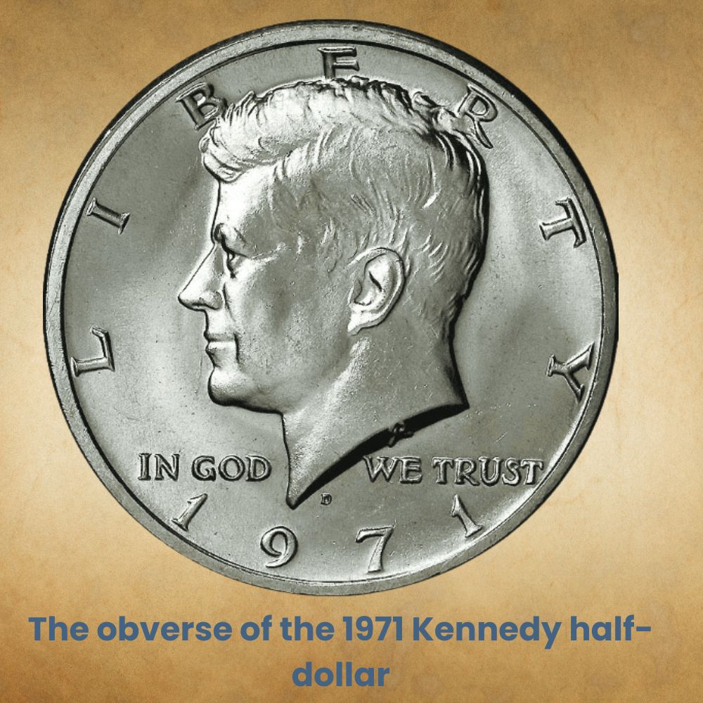 The obverse of the 1971 Kennedy half-dollar