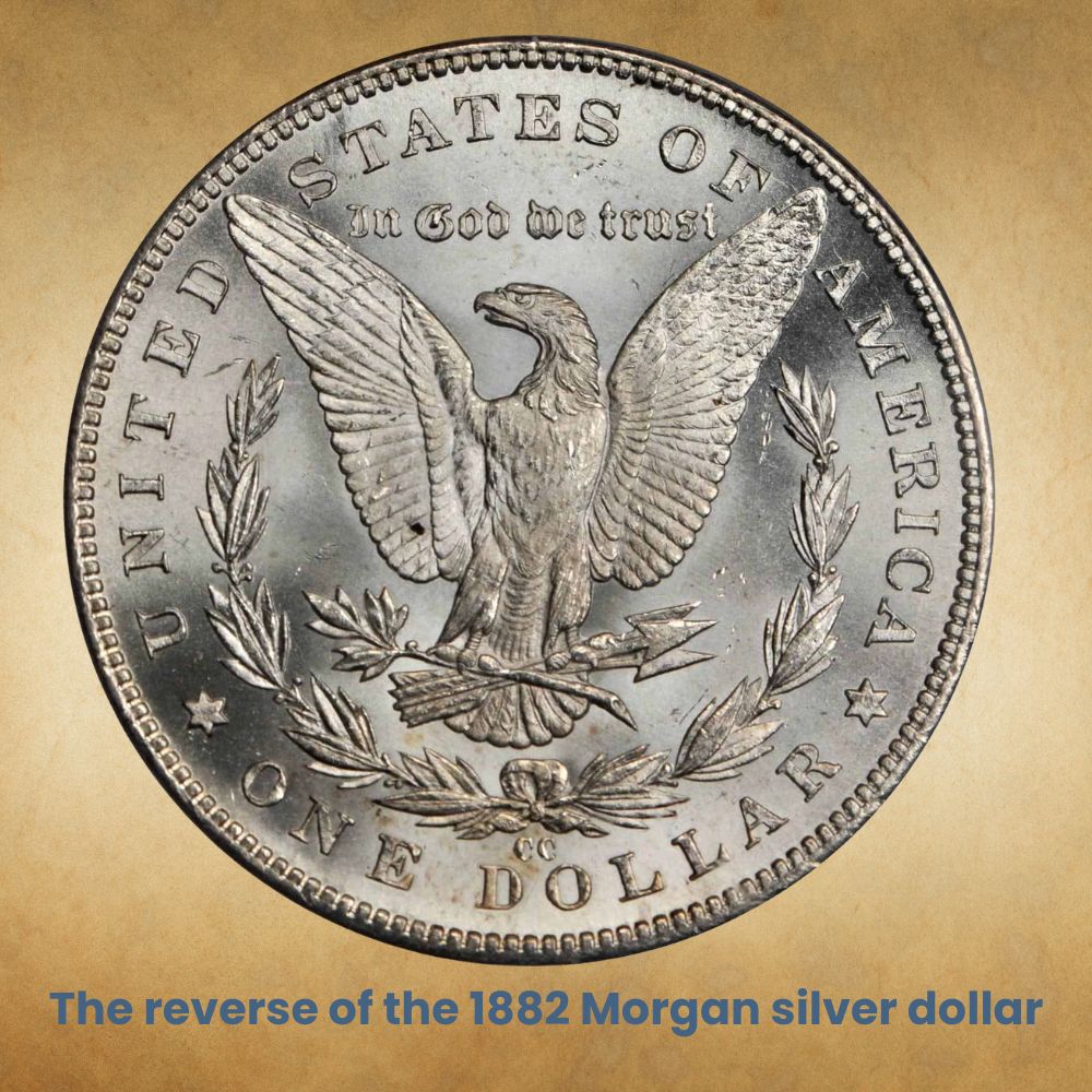 The reverse of the 1882 Morgan silver dollar