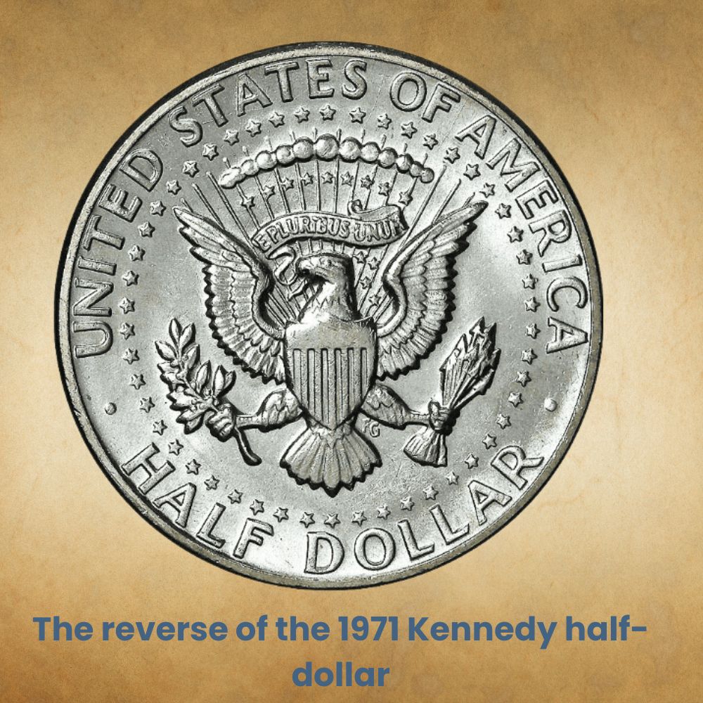 The reverse of the 1971 Kennedy half-dollar