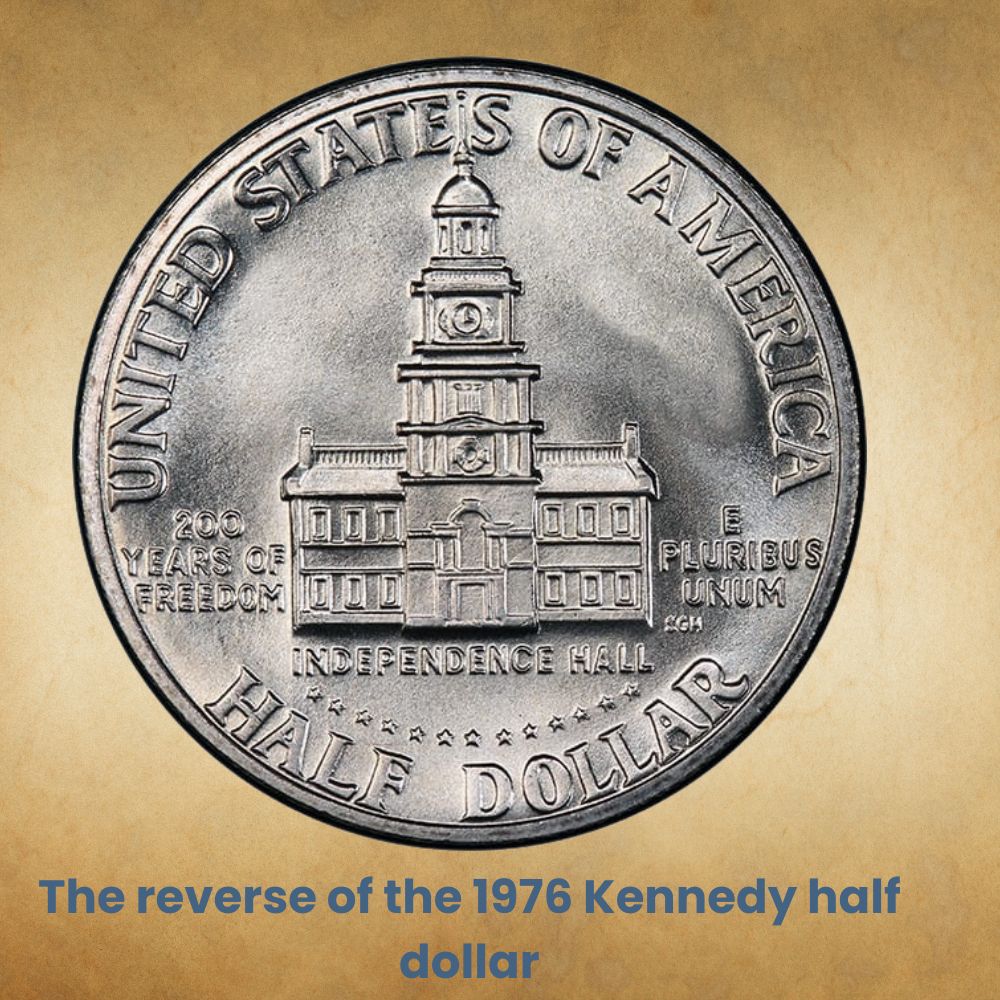 The reverse of the 1976 Kennedy half dollar