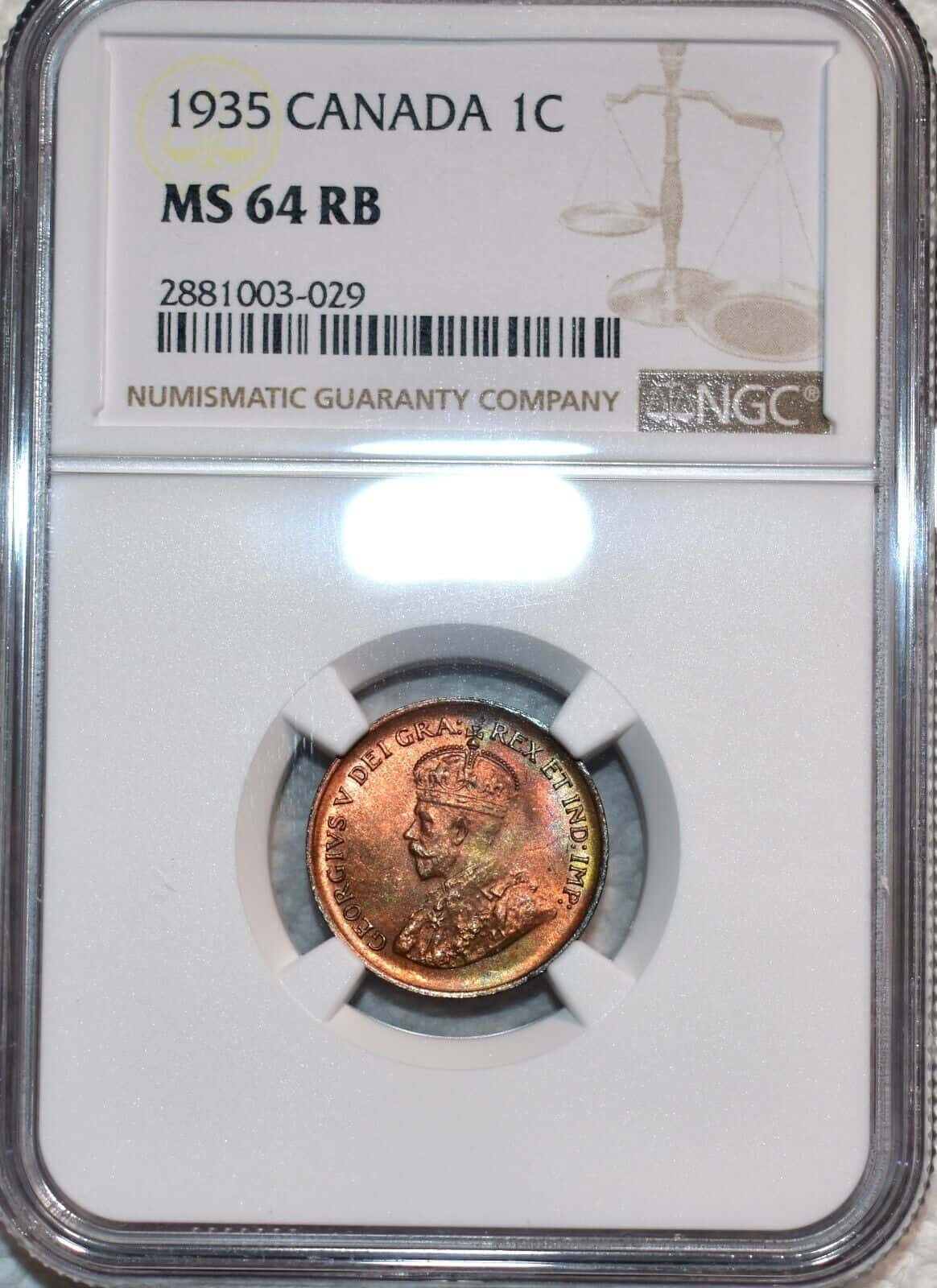 NGC MS-64 RB 1935 Canadian Cent, Richly Toned, Red-Brown Specimen