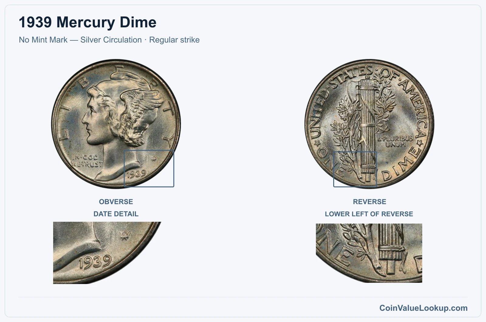 1939 Mercury Dime Coin — No Mint Mark — Silver Circulation, obverse and reverse, with date and mint-location details