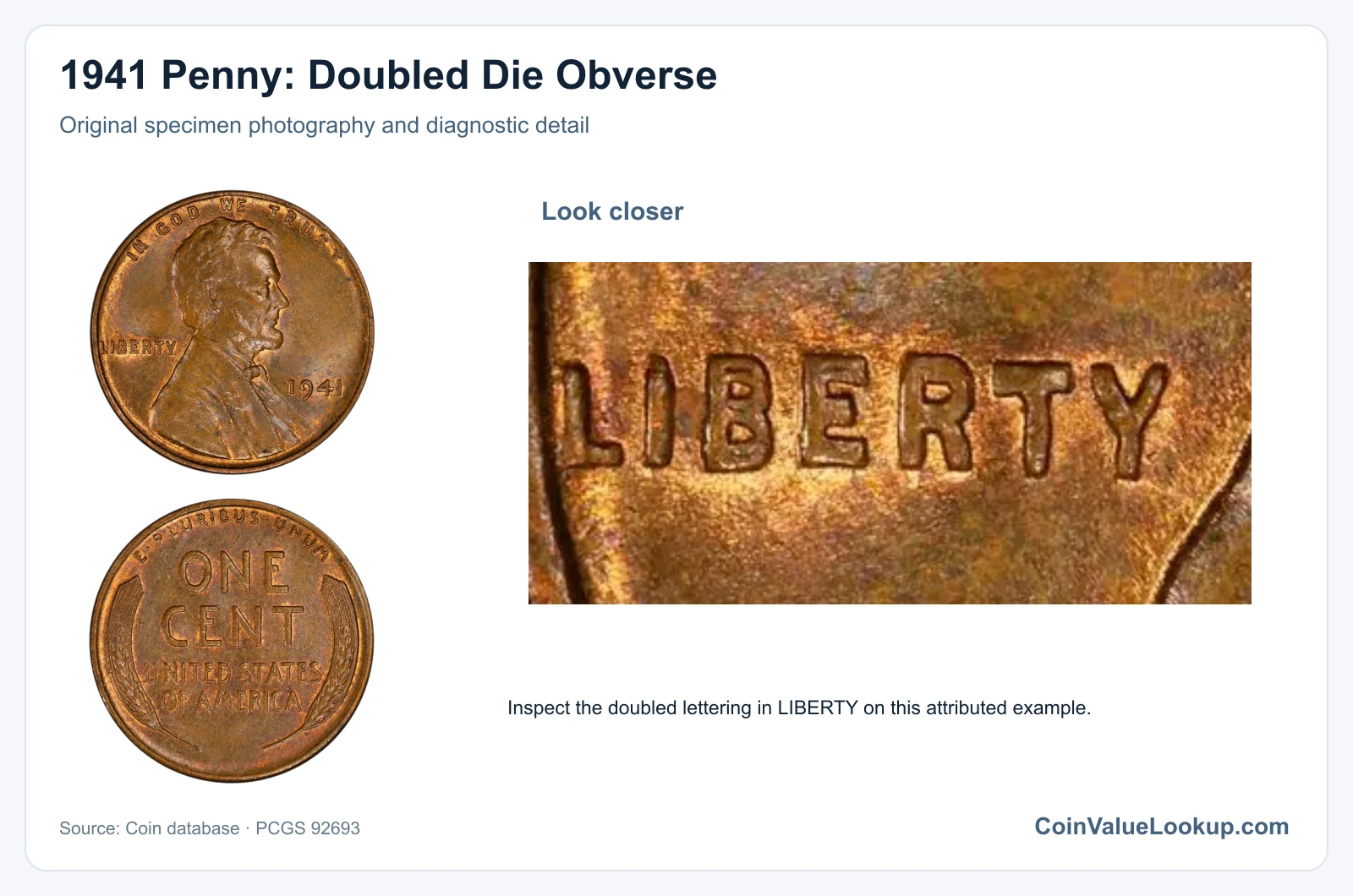 1941 Penny: Doubled Die Obverse with diagnostic detail