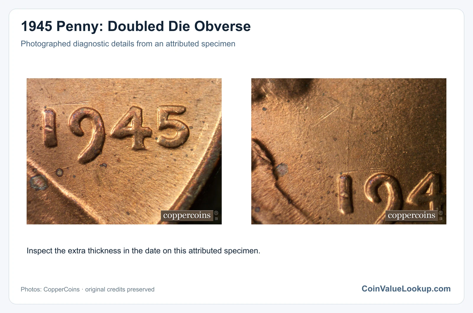 1945 Penny: Doubled Die Obverse with diagnostic detail