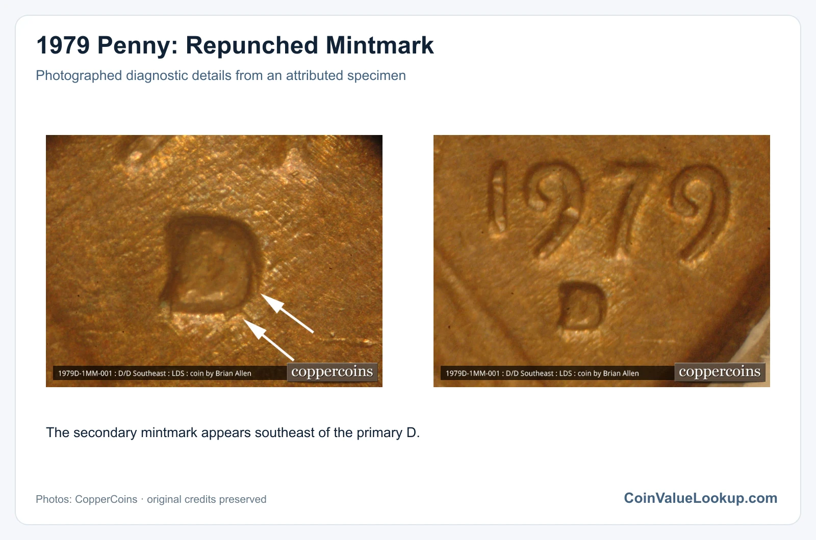 1979 Penny: Repunched Mintmark with diagnostic detail