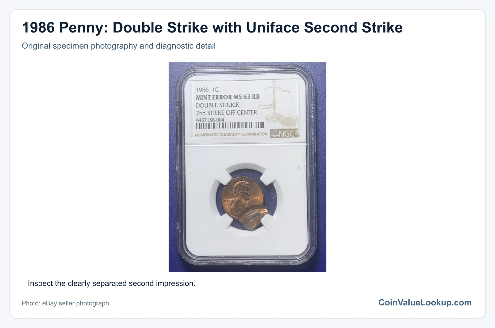 1986 Penny: Double Strike with Uniface Second Strike with diagnostic detail