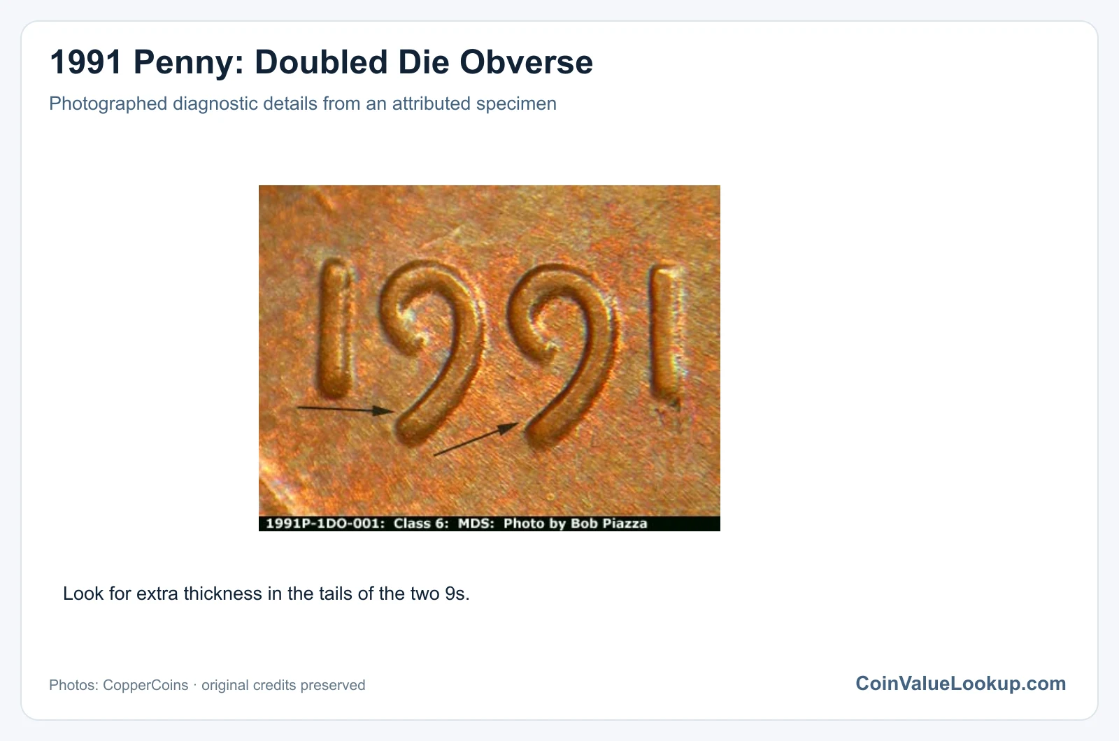 1991 Penny: Doubled Die Obverse with diagnostic detail