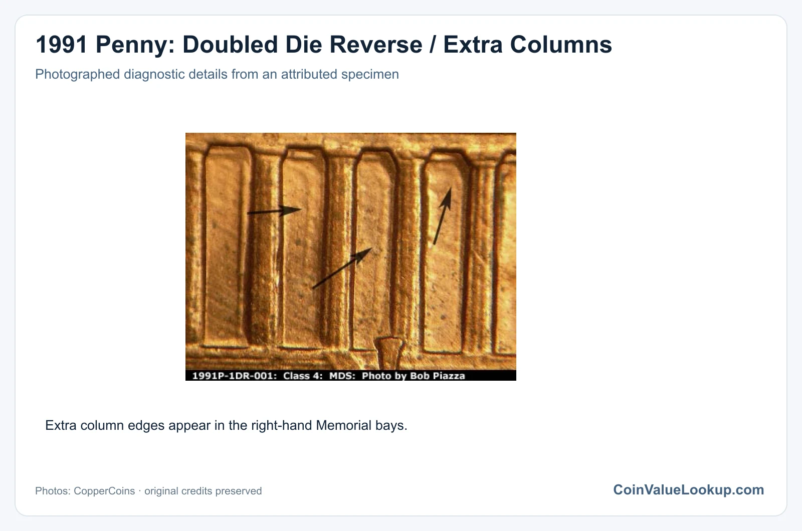 1991 Penny: Doubled Die Reverse / Extra Columns with diagnostic detail