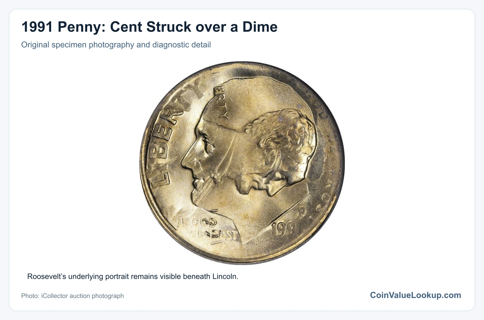 1991 Penny: Cent Struck over a Dime with diagnostic detail