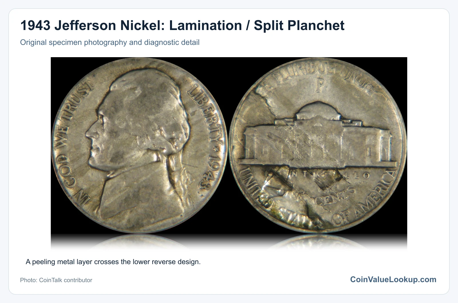 1943 Jefferson Nickel: Lamination / Split Planchet with diagnostic detail
