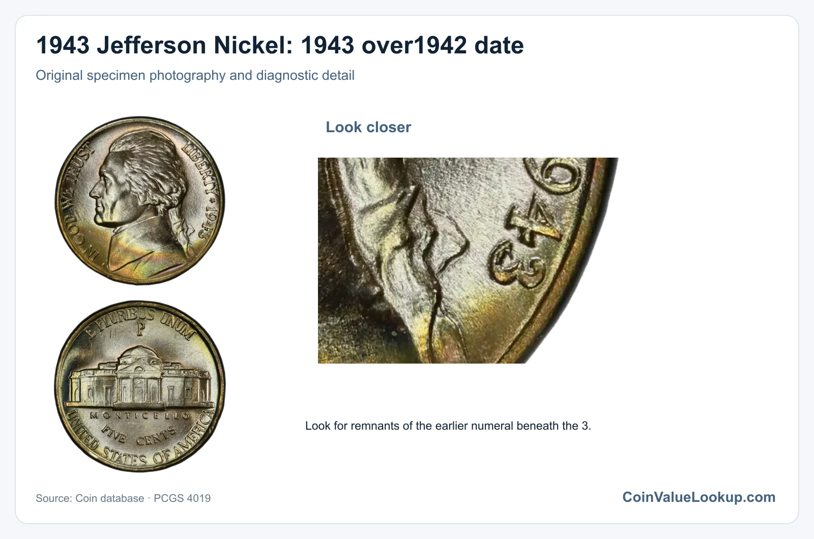 1943 Jefferson Nickel: 1943 over1942 date with diagnostic detail