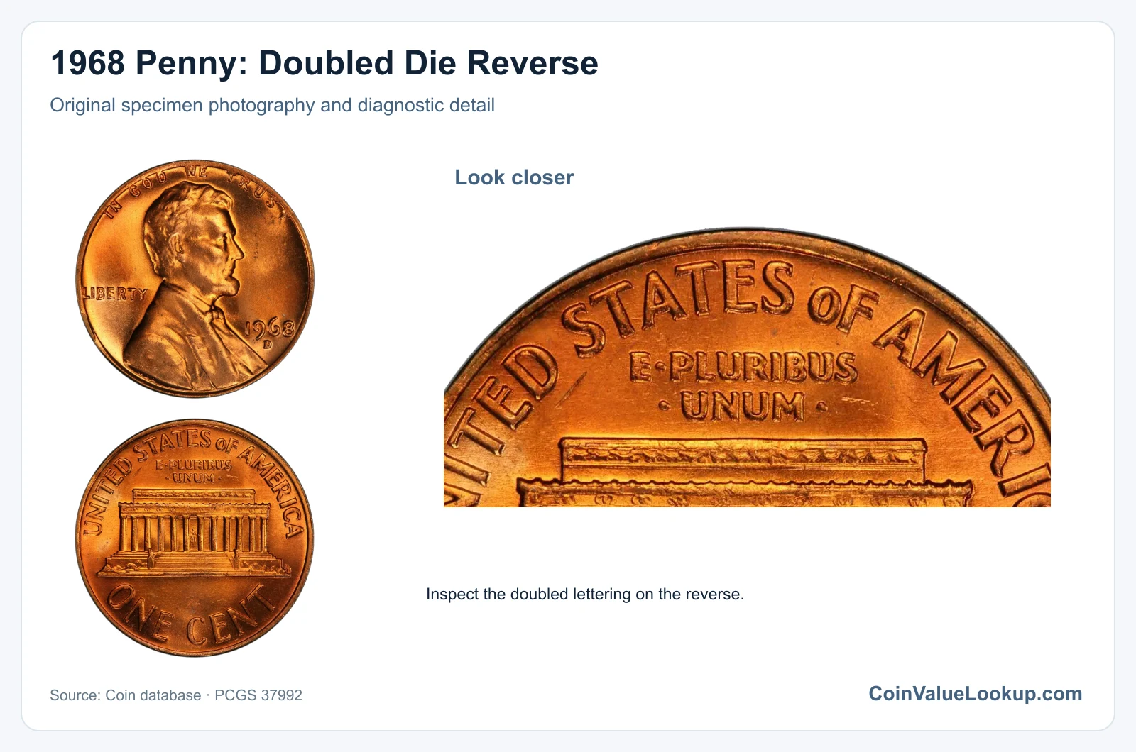 1968 Penny: Doubled Die Reverse with diagnostic detail