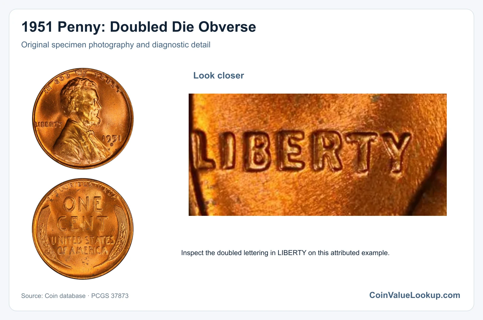 1951 Penny: Doubled Die Obverse with diagnostic detail