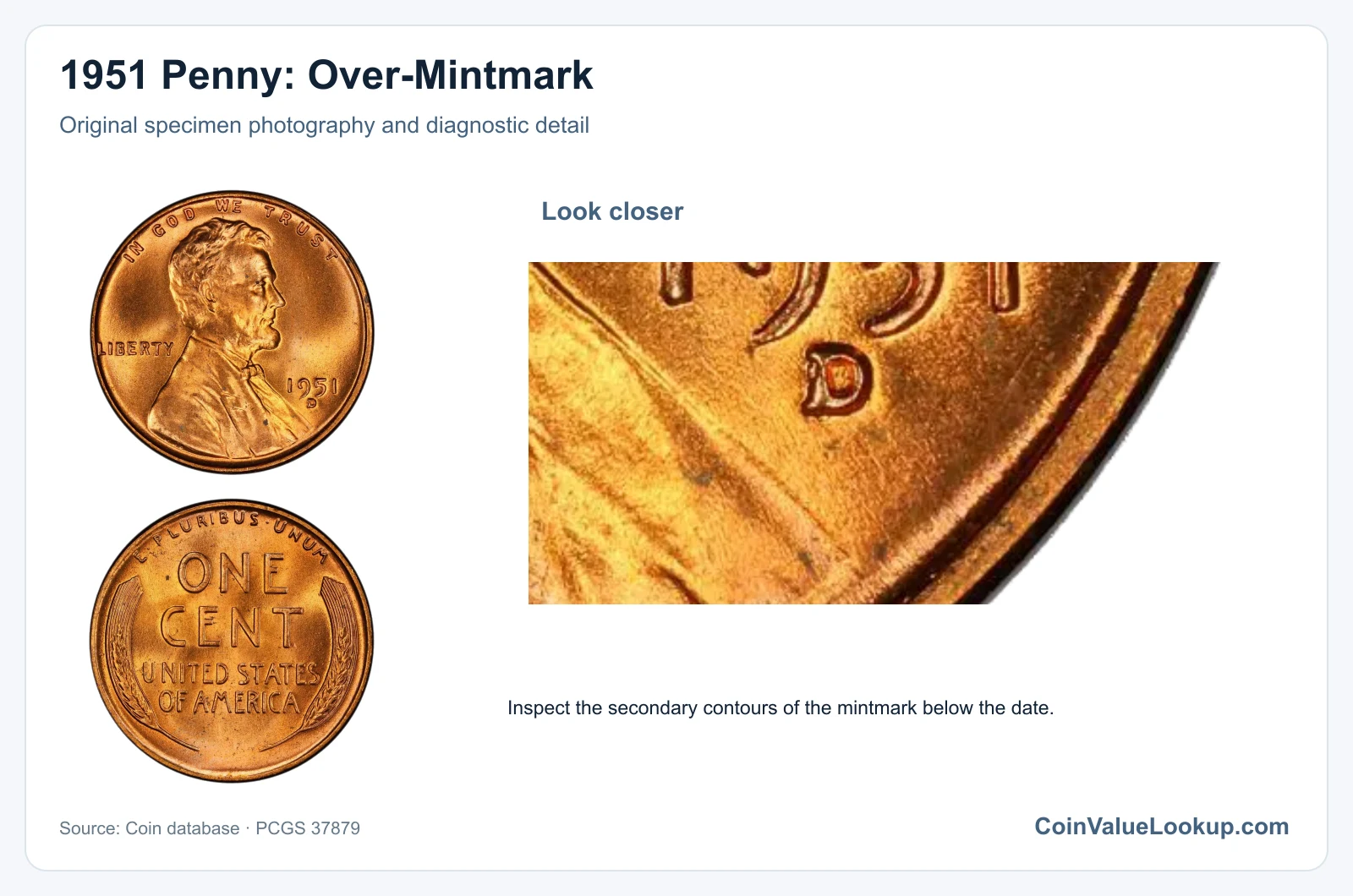 1951 Penny: Over-Mintmark with diagnostic detail