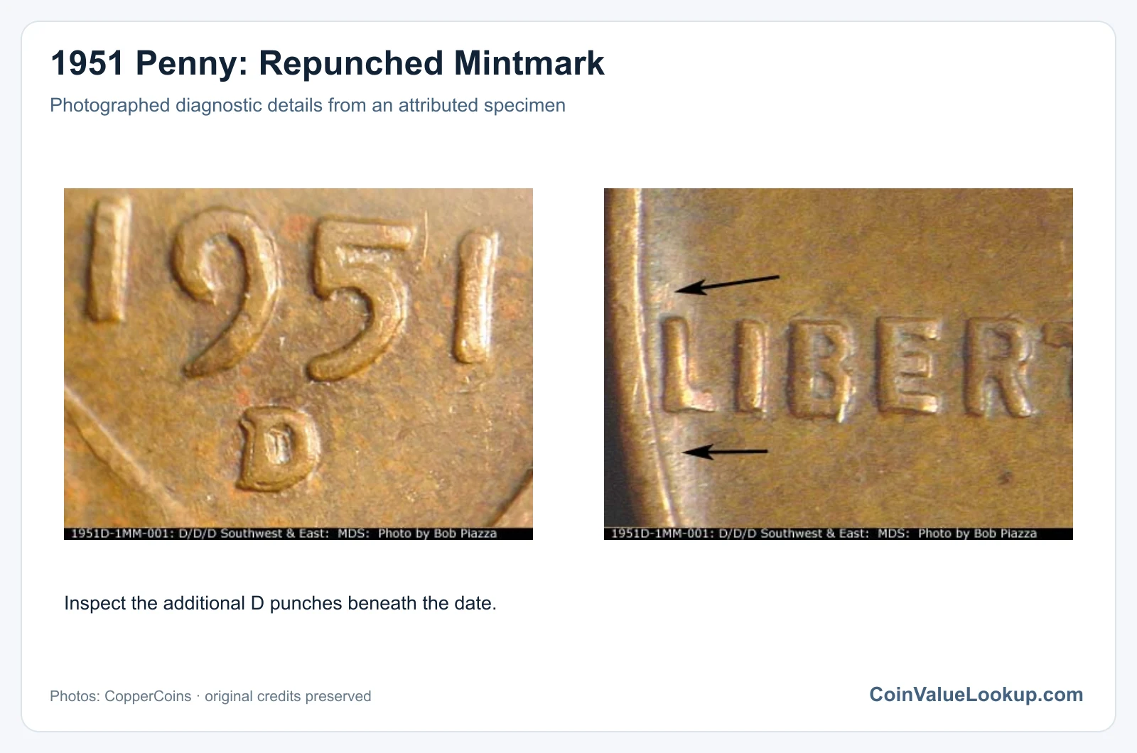 1951 Penny: Repunched Mintmark with diagnostic detail