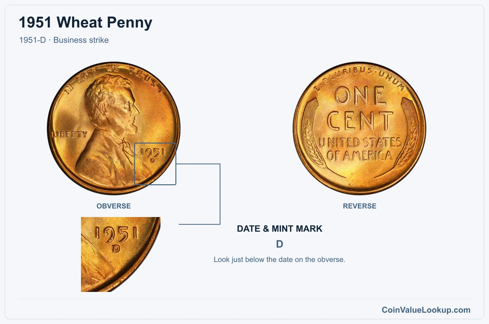1951 Wheat Penny Coin — 1951-D, obverse and reverse, with date and mint-mark close-up