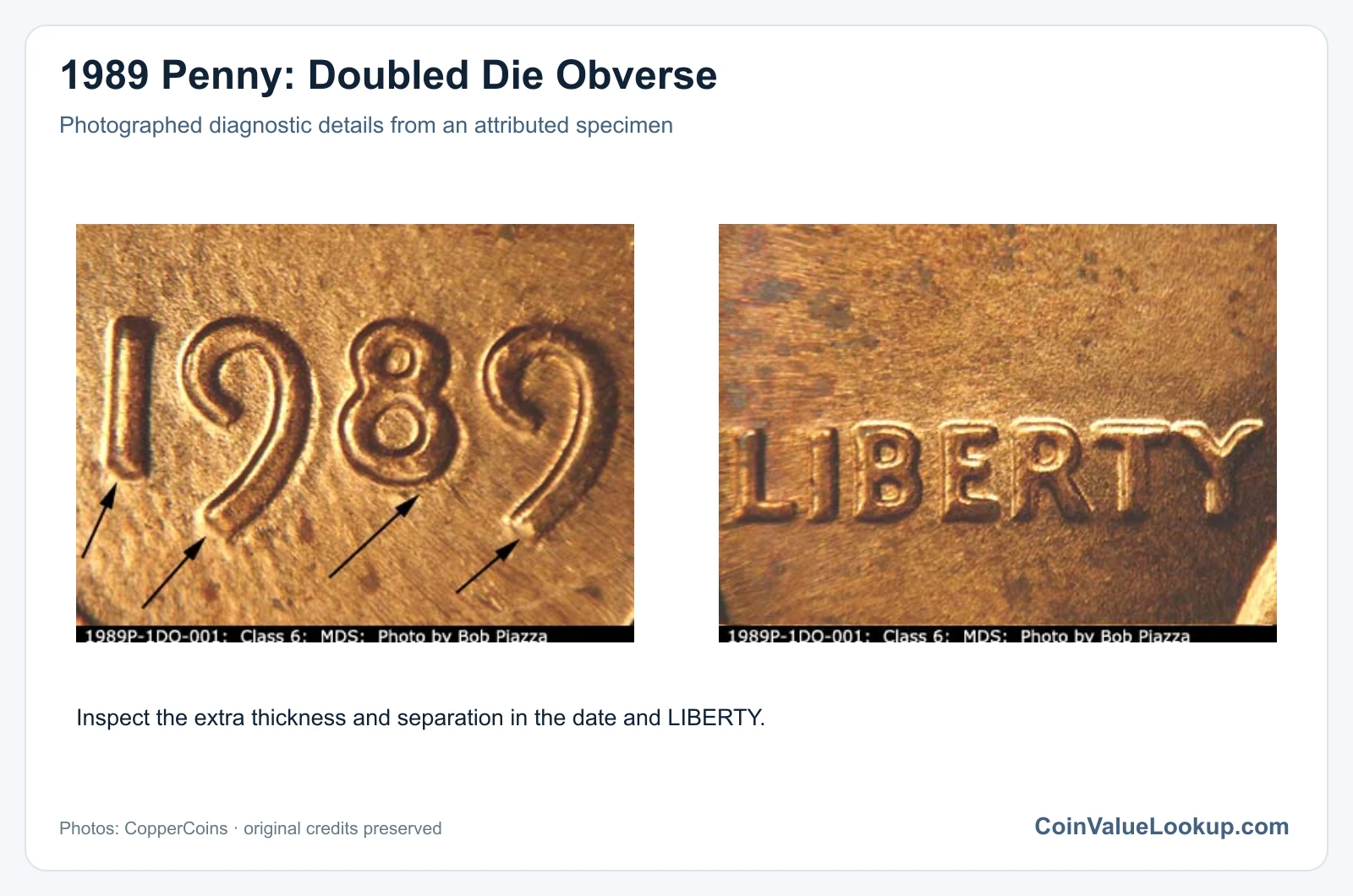1989 Penny: Doubled Die Obverse with diagnostic detail