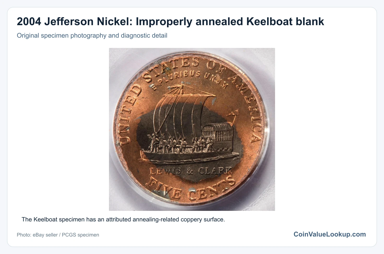2004 Jefferson Nickel: Improperly annealed Keelboat blank with diagnostic detail