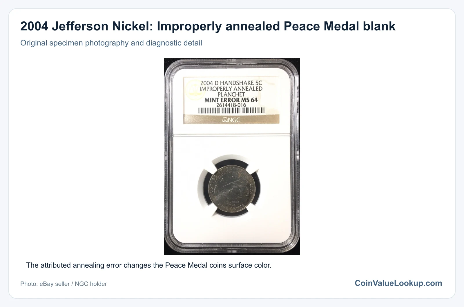 2004 Jefferson Nickel: Improperly annealed Peace Medal blank with diagnostic detail