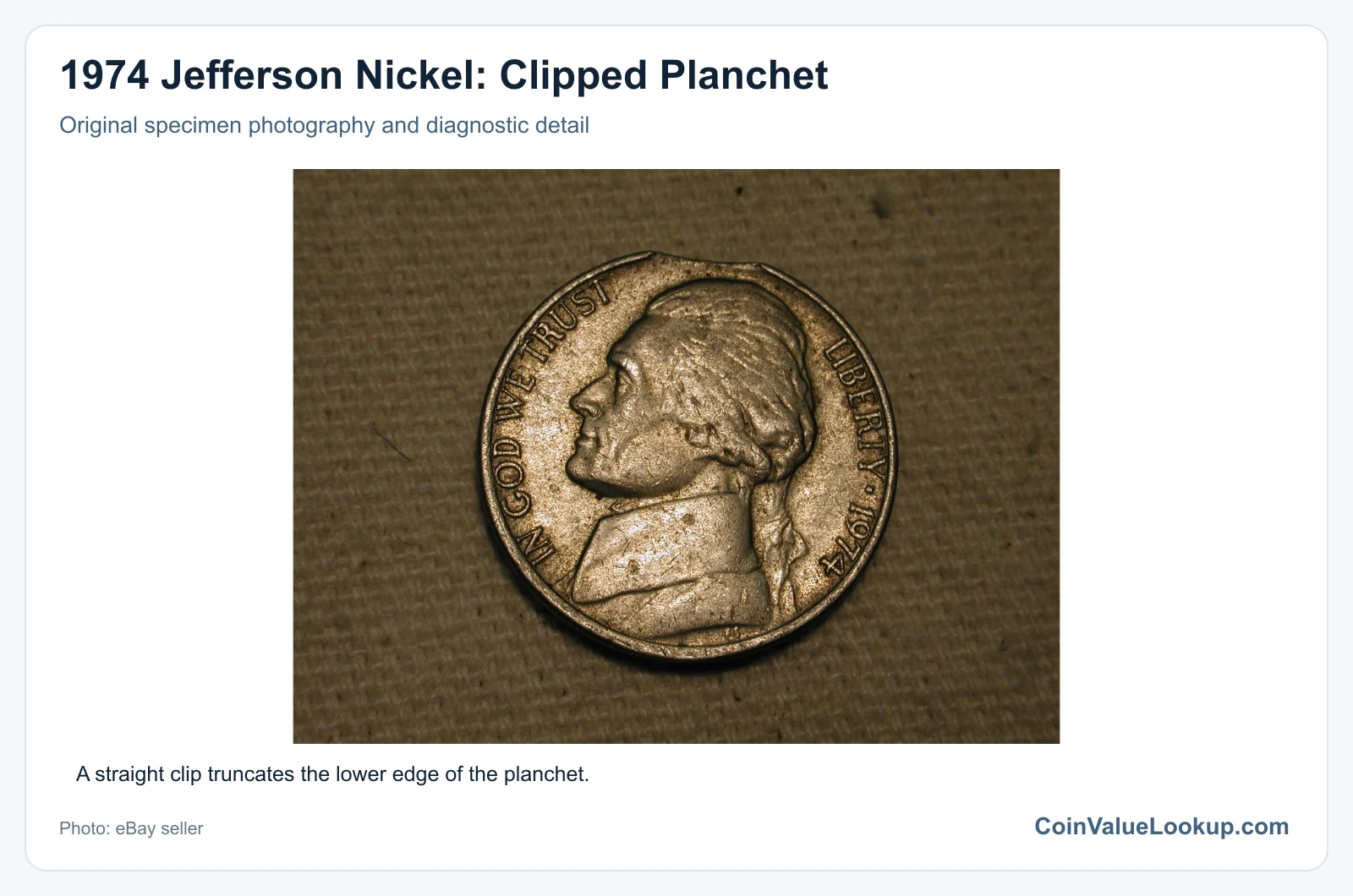 1974 Jefferson Nickel: Clipped Planchet with diagnostic detail